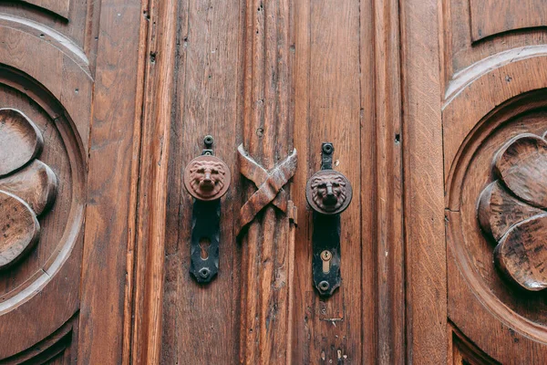 Porta Madeira Velha Com Esculturas — Fotografia de Stock