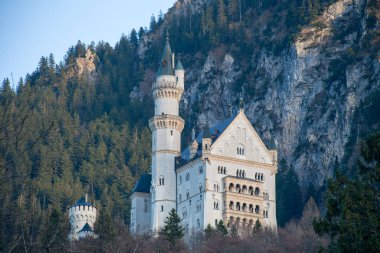 Kayalar, dağlar ve ormanlarla çevrili eski taş kale Neuschwanstein Kalesi
