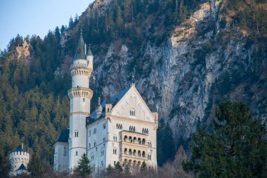 Kayalar, dağlar ve ormanlarla çevrili eski taş kale Neuschwanstein Kalesi