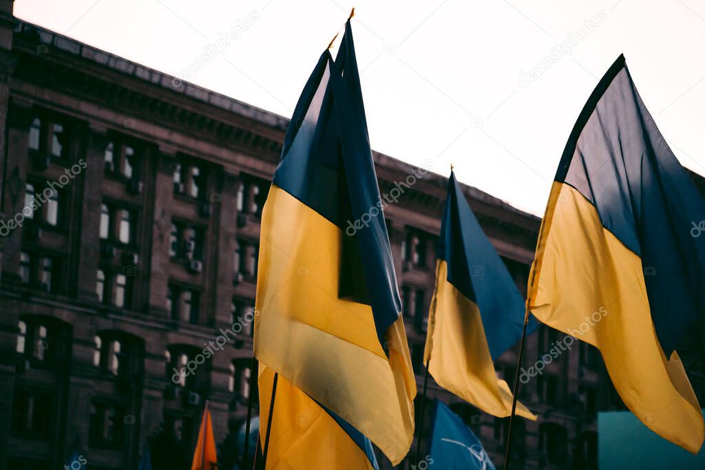 Flags of Ukraine on the street