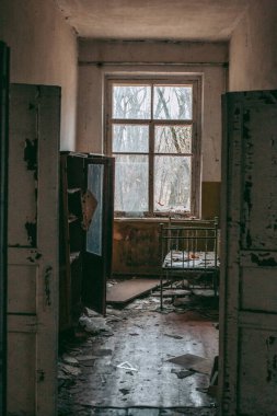 Çernobil 'deki Pripyat' taki eski harabe ev.