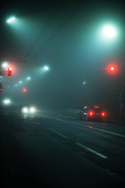 Karayolu gece sisli şehirde