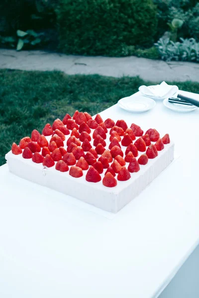 Beautiful sweet wedding cake with strawberries