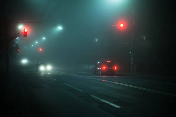 Estrada Rodoviária Noite Nevoeiro Cidade — Fotografia de Stock