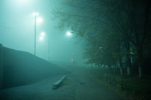 Αυτοκινητόδρομος Νύχτα Στην Ομίχλη Στην Πόλη — Φωτογραφία Αρχείου