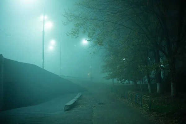 Karayolu Gece Sisli Şehirde — Stok fotoğraf