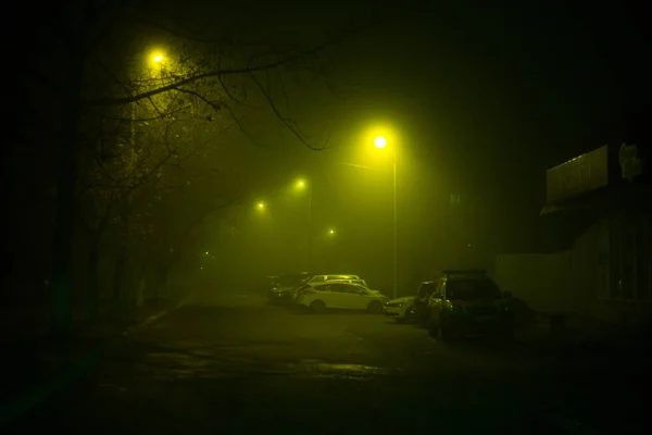 Strada Statale Notte Nella Nebbia Della Città — Foto Stock