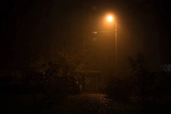 Laterne Bei Nacht Nebel Der Stadt — Stockfoto