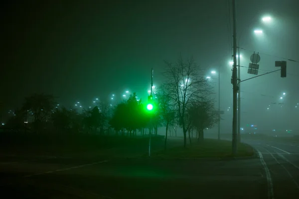 Drumul Autostradă Timp Noapte Ceață Oraș — Fotografie, imagine de stoc