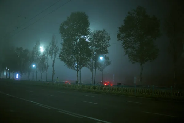 在城市的大雾中 公路在夜间行驶 — 图库照片