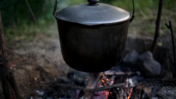 Una Olla Grande Una Fogata Viaje Campamento — Vídeo de stock