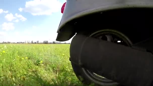 Foreground Grass Followed Smeared Man Moped — Stock Video