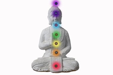 Beyaz arka planı olan yedi çakralı beyaz bir Buda.