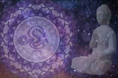 Vishuddha çakra bir budha ve kozmik bir arka plan ile sembol