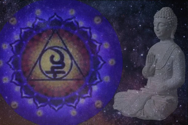 sahasrara chakra\'s symbol witha buddha and a cosmic background