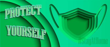 Coronavirus bayrağı. Koronavirüs elementli kağıt kesim tasarımı. Covid-19. 2019-Ncov. Etiket: Evde Kal. Tıbbi maske. Kendini koru..