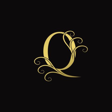Altın harfli Q harfi logosu, şık klasik tasarım konsepti lüks iş yeri, otel, düğün servisi ve daha fazla şirket kimliği için çiçek yaprakları..