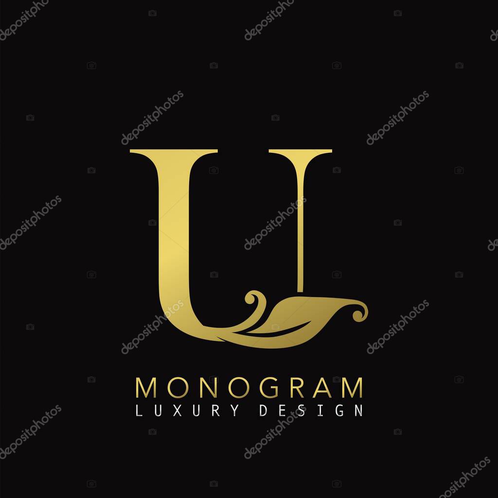 Golden Initial Letter U Luxury logo icon, classy vintage design concept floral leaves for luxuries business, hotel, wedding service and more company identity.