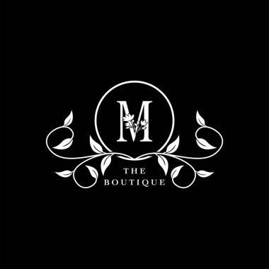 M Harfi Logosu Butik Lüks Doğa Çiçeği. Monogram vektör tasarımı konsept mektubu ve çiçek çiçeği ile ilk, moda markası ve lüks iş kimliği için yaprak.