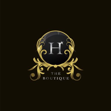 H Harfi Altın Çember Kalkan Lüks Butik Logosu, başlangıç, lüks iş, otel, düğün servisi, butik, dekorasyon ve daha fazla marka için vektör tasarımı konsepti.