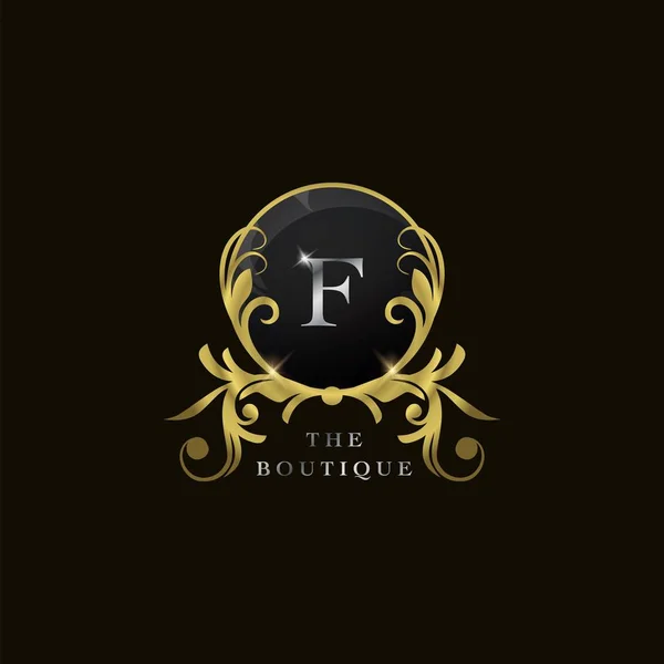 Fletter Golden Circle Shield Boutique Logo Vector Design Concept First — 스톡 벡터