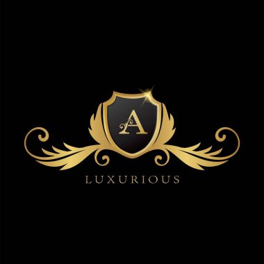 Golden A Logo Luxurious Shield logo design concept.