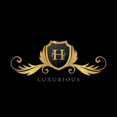 Golden H Logo Luxurious Shield logo design concept.