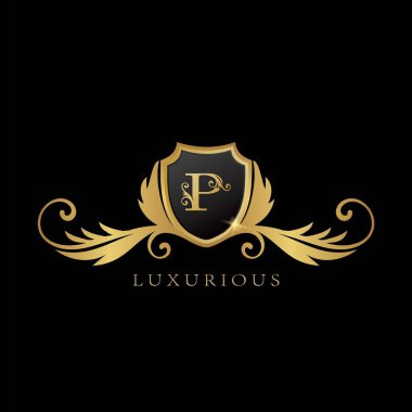 Golden P Logo Luxurious Shield logo design concept.