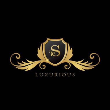 Golden S Logo Luxurious Shield logo design concept.
