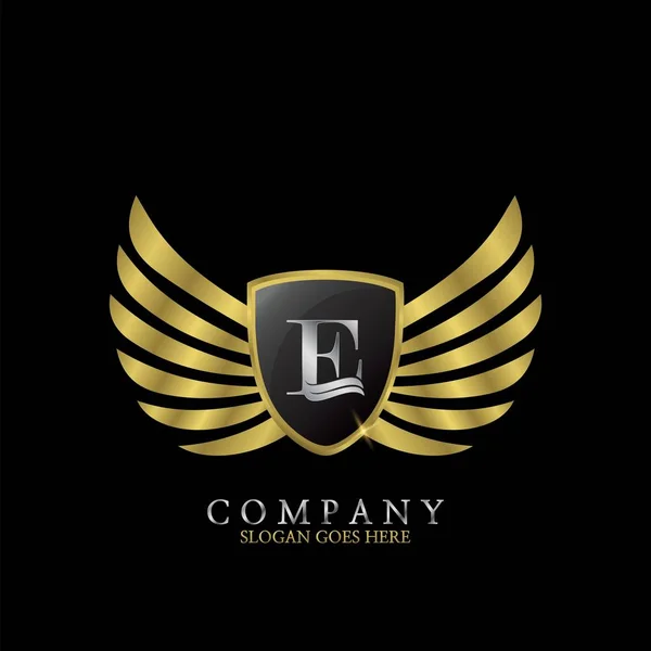 Golden Wing Shield Luxury Initial Letter E logo design concept.