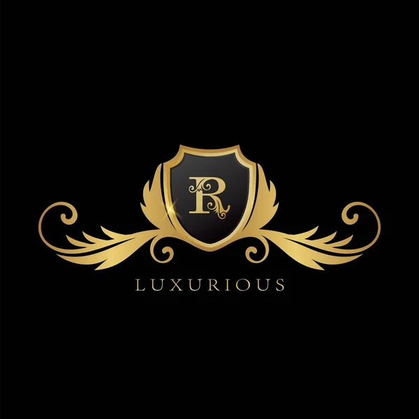 Golden Logo Luxuoso Shield Conceito Design Logotipo — Vetor de Stock