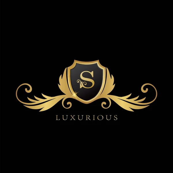 Golden Logo Luxuoso Shield Conceito Design Logotipo — Vetor de Stock
