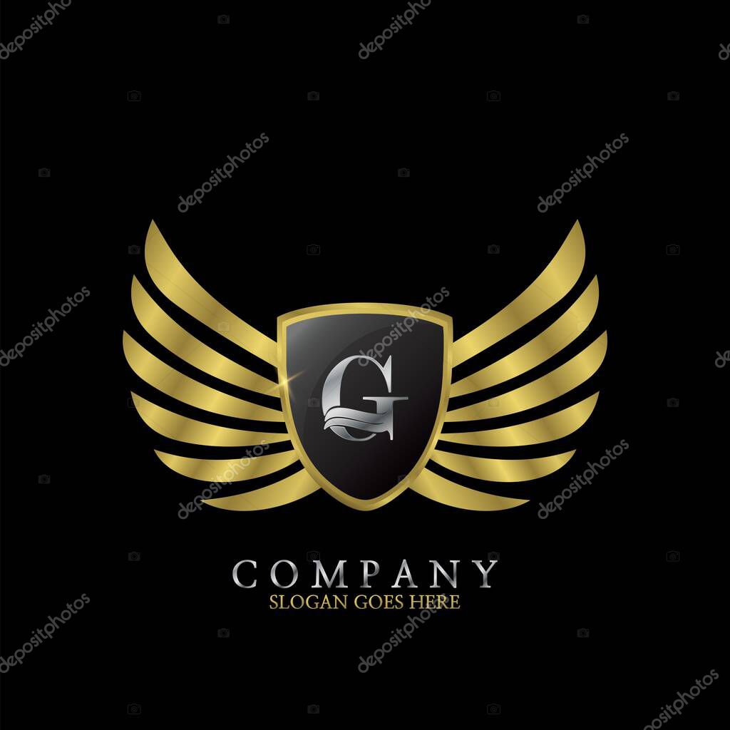 Golden Wing Shield Luxury Initial Letter G logo design concept.