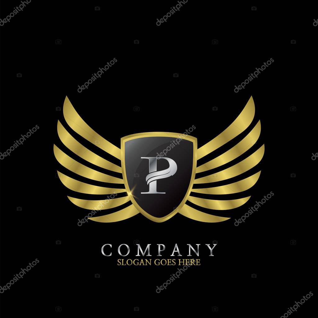 Golden Wing Shield Luxury Initial Letter P logo design concept.