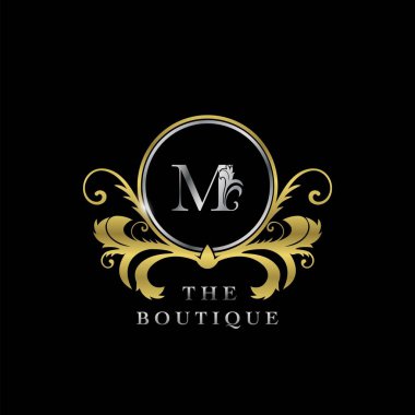 M Harfi Altın Çember Lüks Butik Logo Simgesi, Lüks iş, butik, moda ve daha fazla kimlik için Zarafet vektör tasarımı konsepti.