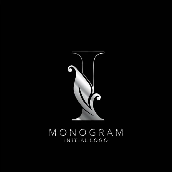 Logotipo Inicial Monograma Carta Conceito Design Vetorial Prata Folhas Florais — Vetor de Stock