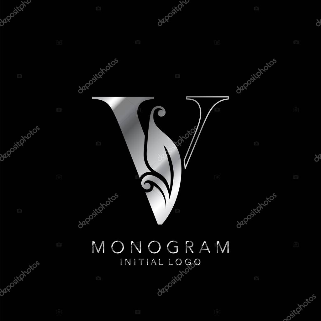 Monogram Initial Logo Letter V. Silver vector design concept floral leaves for business identity.