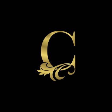 Golden C İlk Mektup Lüks logo simgesi, klasik lüks vektör tasarımı kavramı. Lüks işletmeler için çiçekli yaprak altın renkli alfabe harfi..