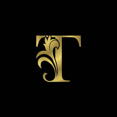 Golden T İlk Harf Lüks logo simgesi, lüks vektör tasarımı konsepti. Lüks işletmeler için çiçekli yaprak altın renkli alfabe harfi..