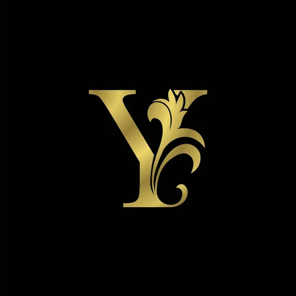 ゴールデンYイニシャルレター豪華なロゴアイコン ヴィンテージ高級ベクトルデザインコンセプトアウトライン高級ビジネスのための花の葉の金の色のアルファベット文字 — ストックベクタ