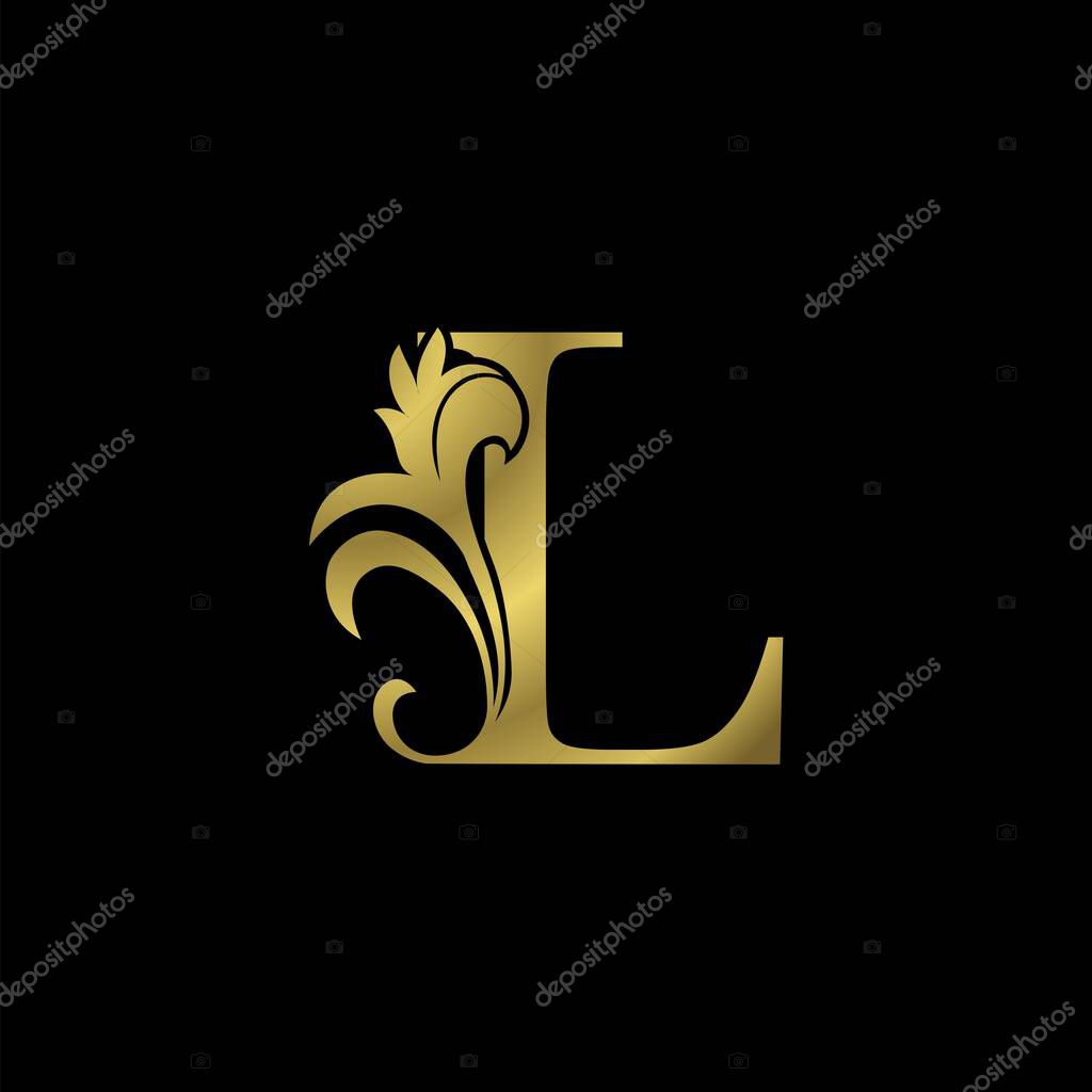 Golden L Initial Letter Luxurious logo icon, vintage luxury vector design concept outline alphabet letter with floral leaf gold color for luxuries business.