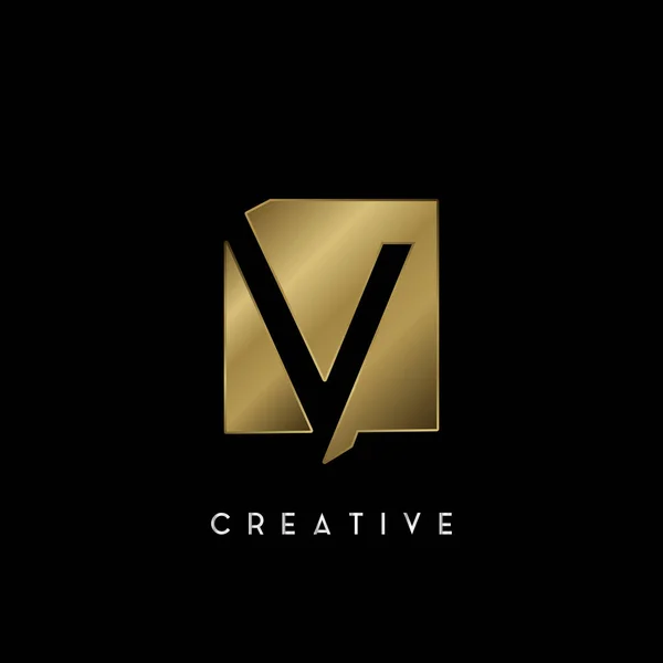 ゴールデンスクエアネガスペースV文字のロゴ 技術またはビジネスアイデンティティのための負のスペース文字Vのロゴを持つ創造的なデザインコンセプトの正方形の形状 — ストックベクタ