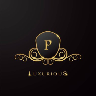P Lüks Kalkan logosu Altın Renk, lüks iş, otel, düğün ve daha fazla marka kimliği için vektör tasarımı konsepti.