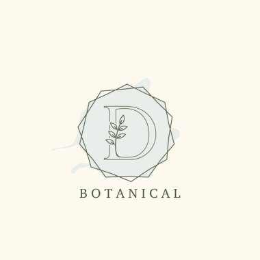 Botanik Yaprak Baş harfleri D Harfi Logosu, vektör logosu konsepti altıgen geometrik çerçeve botanik veya doğa işi için ilk harf logosu simgesi.