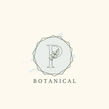 Botanik Yaprak Baş harfleri P Harfi Logosu, vektör logosu konsepti altıgen geometrik çerçeve botanik veya doğa işi için ilk harf logosu simgesi.