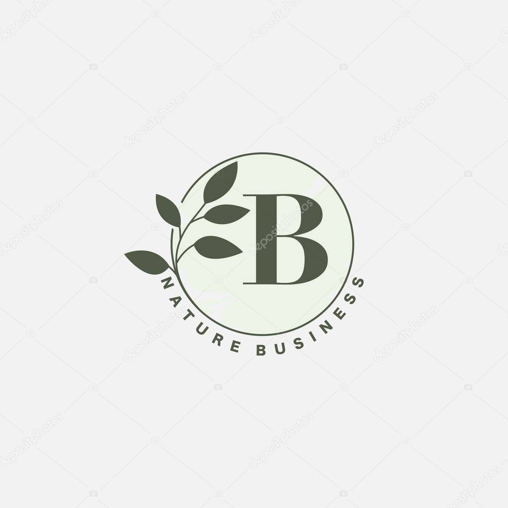 B Letter Logo Circle Nature Leaf, vector logo design concept botanical floral leaf with initial letter logo icon for nature business.