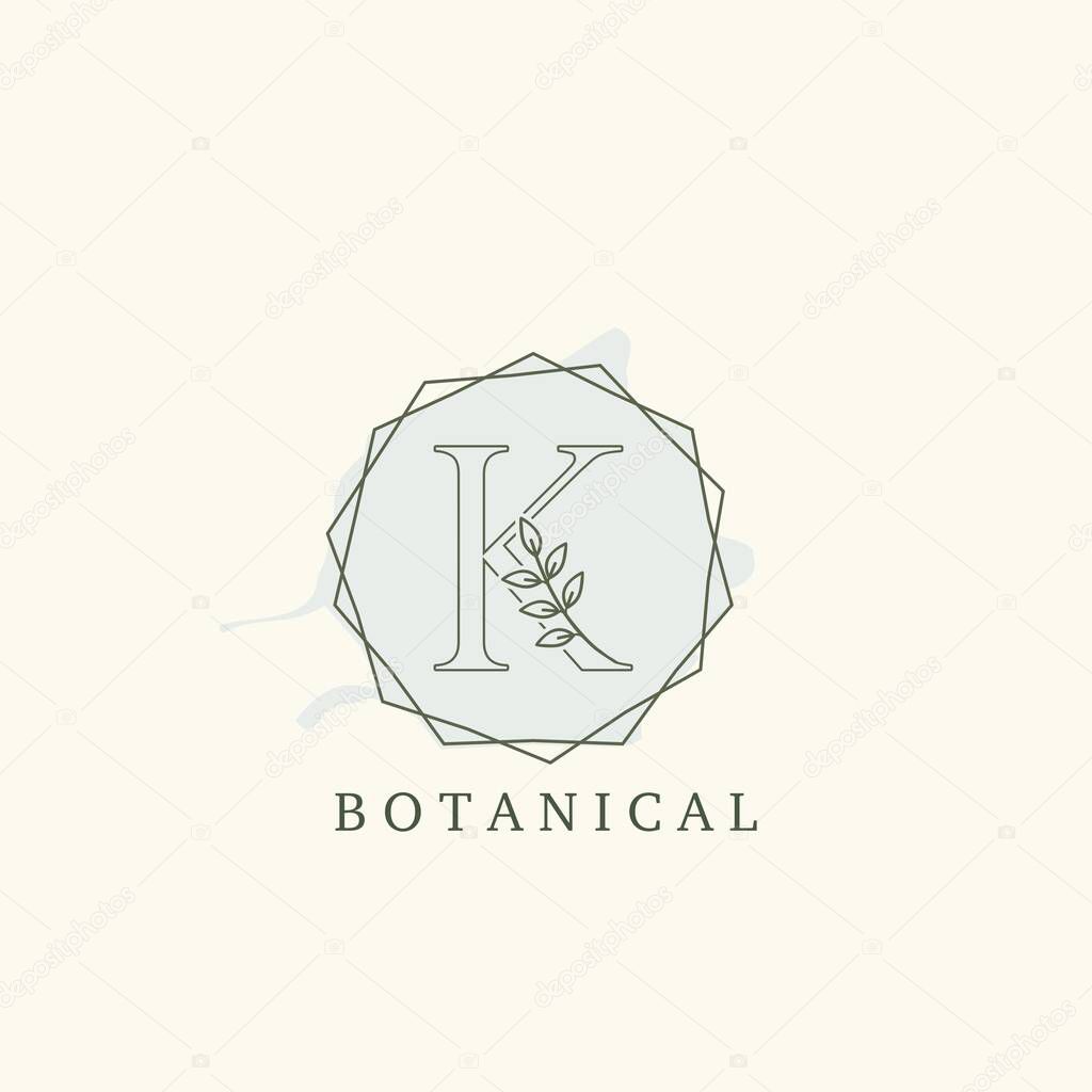 Botanical Leaf Initial K Letter Logo, vector logo design concept hexagon geometric frame with initial letter logo icon for botany or nature business.