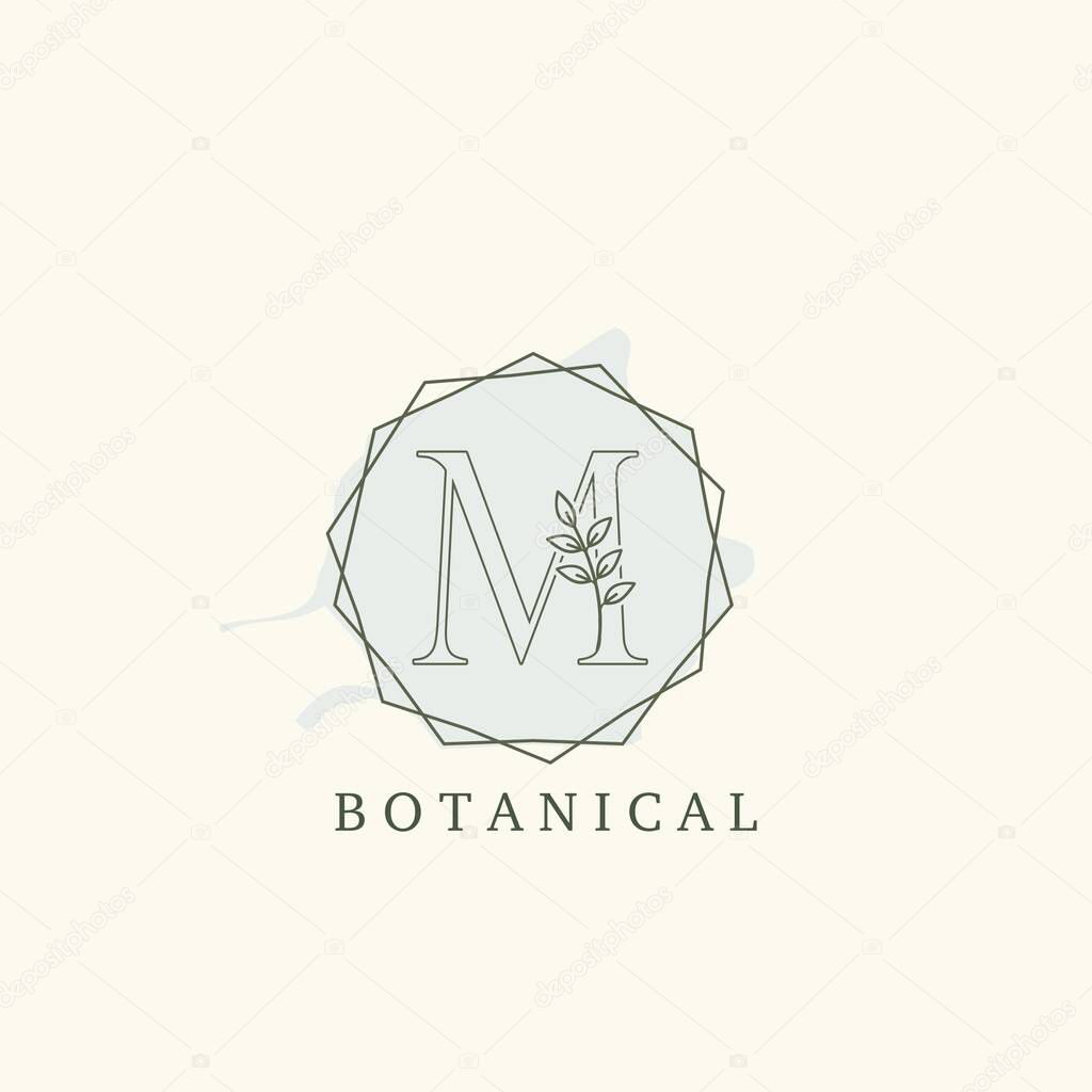 Botanical Leaf Initial M Letter Logo, vector logo design concept hexagon geometric frame with initial letter logo icon for botany or nature business.