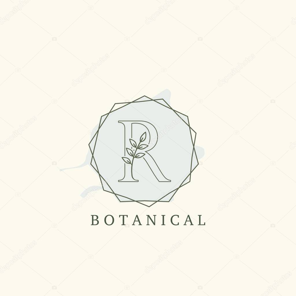 Botanical Leaf Initial R Letter Logo, vector logo design concept hexagon geometric frame with initial letter logo icon for botany or nature business.