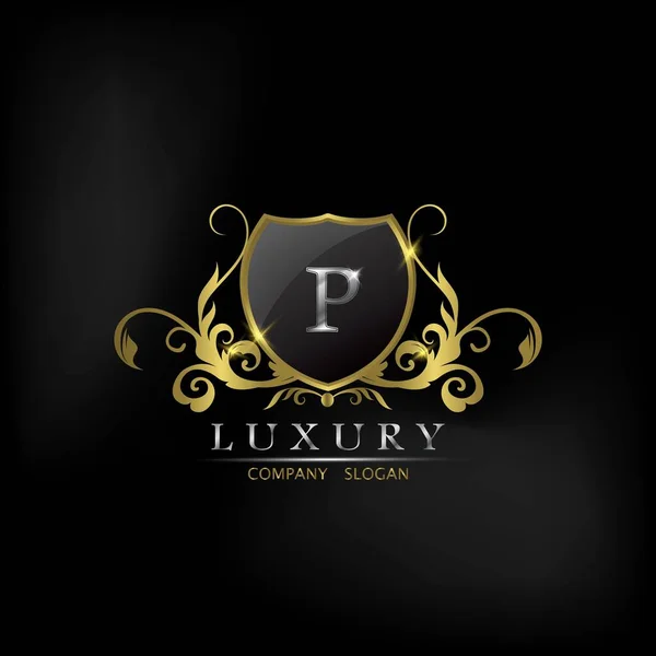 Premium Golden Shield Carta Luxo Logo Ícone Vector Design — Vetor de Stock